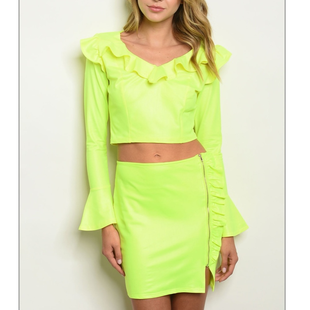Neon yellow ruffle top + mini skirt 2 pc. set